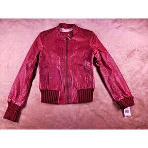 Doma Red Leather Women's Bomber Jacket Size S Ribbed Cuffs NWT